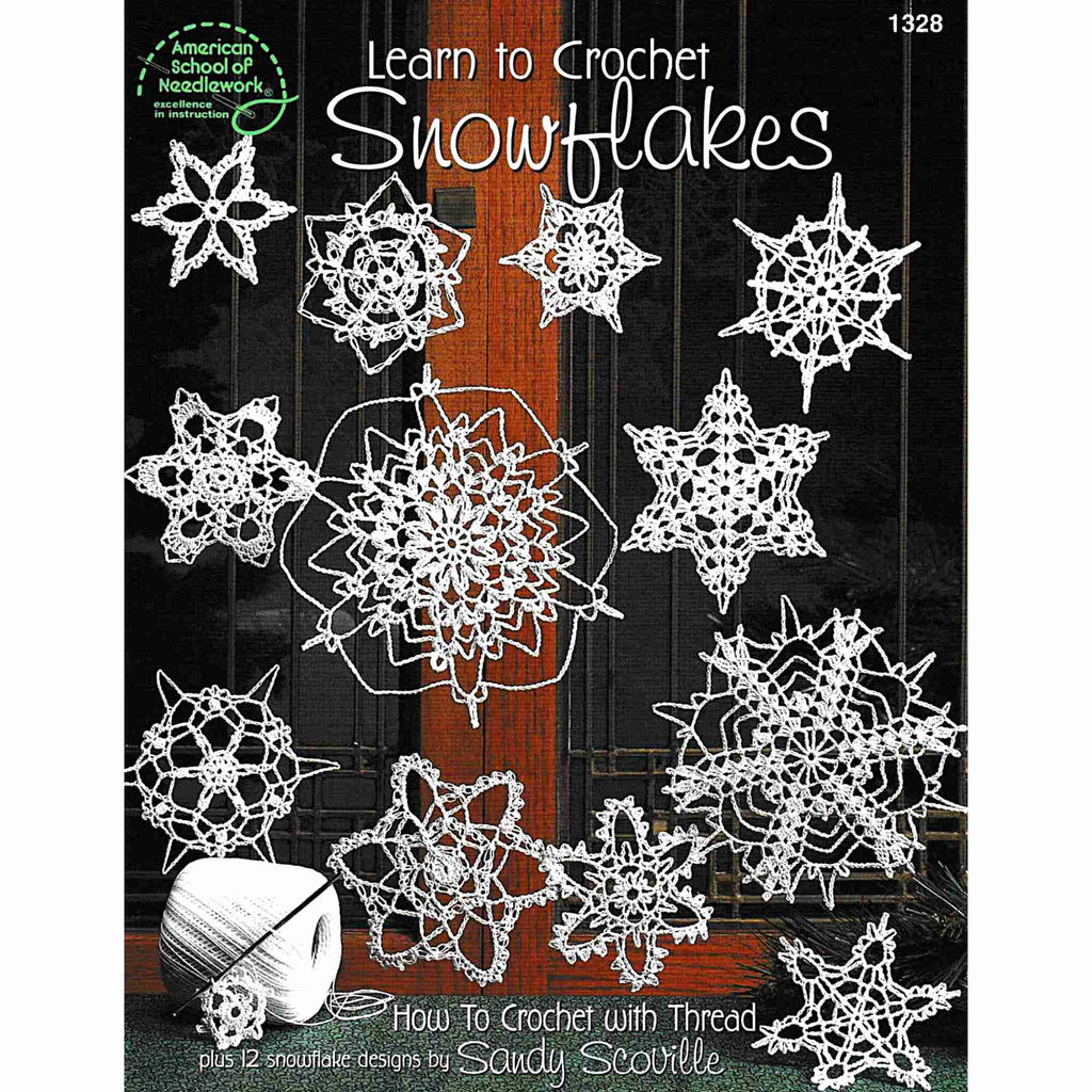 Vintage Thread Crochet Pattern Booklet front cover: Learn to Crochet Snowflakes. How to crochet with thread plus 12 snowflake designs. Half of the booklet discusses crocheting with thread and steel hooks with loads of diagrams highlighting various stitches.
