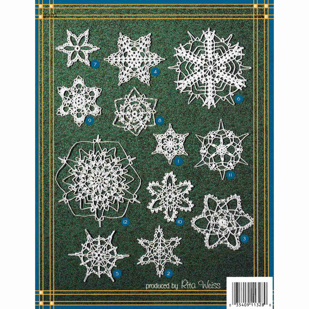 Vintage Thread Crochet Pattern Booklet back cover: Learn to Crochet Snowflakes. How to crochet with thread plus 12 snowflake designs. Half of the booklet discusses crocheting with thread and steel hooks with loads of diagrams highlighting various stitches.