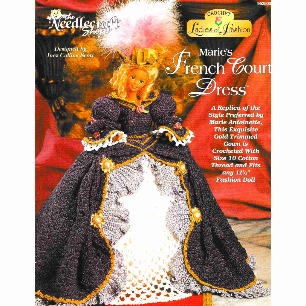Vintage Fashion Doll Dress Thread Crochet Pattern: Ladies of Fashion, Marie's French Court Dress. An exquisite gold-trimmed replica gown of the style preferred by Marie Antoinette. Crocheted using size-10 cotton for an 11-½" fashion doll. Written out instructions in English, standard American terms.