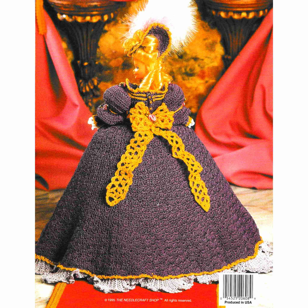 Vintage Fashion Doll Dress Thread Crochet Pattern: Ladies of Fashion, Marie's French Court Dress. An exquisite gold-trimmed replica gown of the style preferred by Marie Antoinette. Crocheted using size-10 cotton for an 11-½" fashion doll. Written out instructions in English, standard American terms.