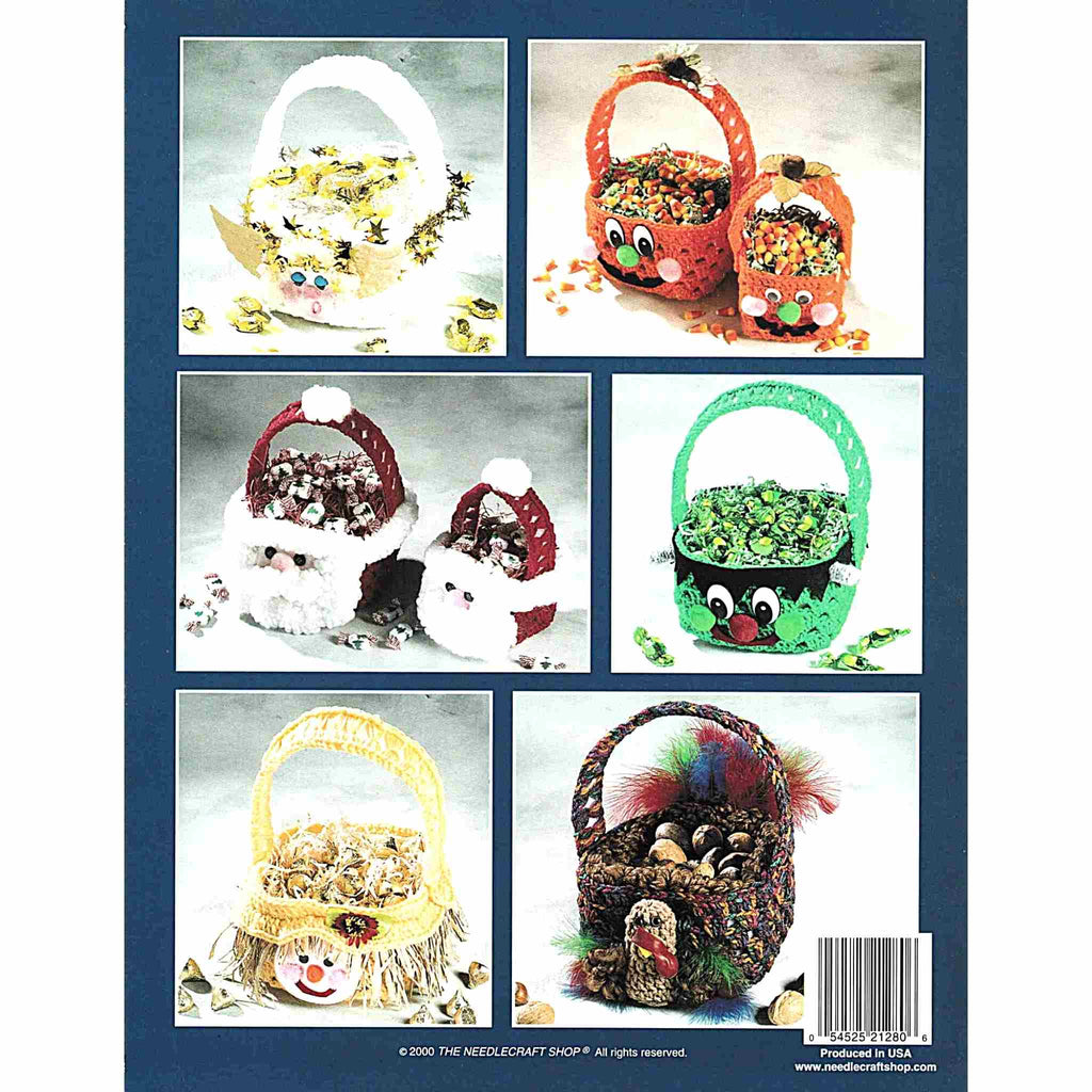 Vintage Crochet Pattern Booklet: 2-Hour Holiday Baskets. 12 fun and festive treat holders made using a plastic milk jug and medium-weight yarn. 