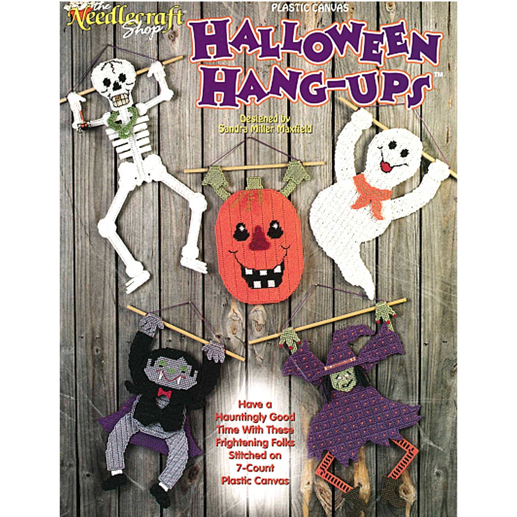 Vintage Plastic Canvas Pattern: Halloween Hang-Ups. Have a hauntingly good time with these frightening folks sitched on 7-count plastic canvas. Patterns included for: Playful Pumpkin, Giddy Ghost, Wacky Witch, Debonair Dracula, Spry Skeleton. 