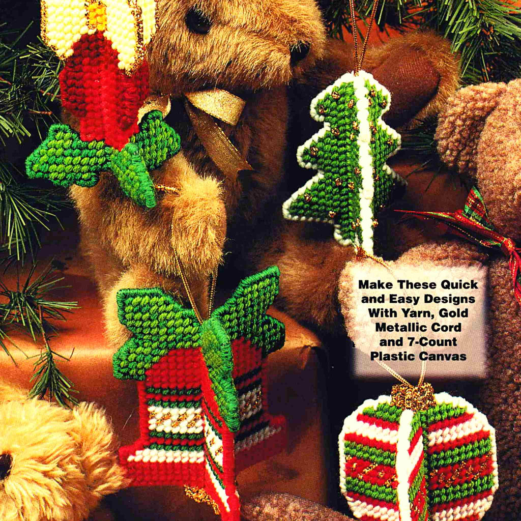 Vintage Christmas Plastic Canvas Pattern: 3-D Ornaments. Made using 7-count plastic canvas, patterns included for Bell, Tree, Candle, and Ball Ornaments. 