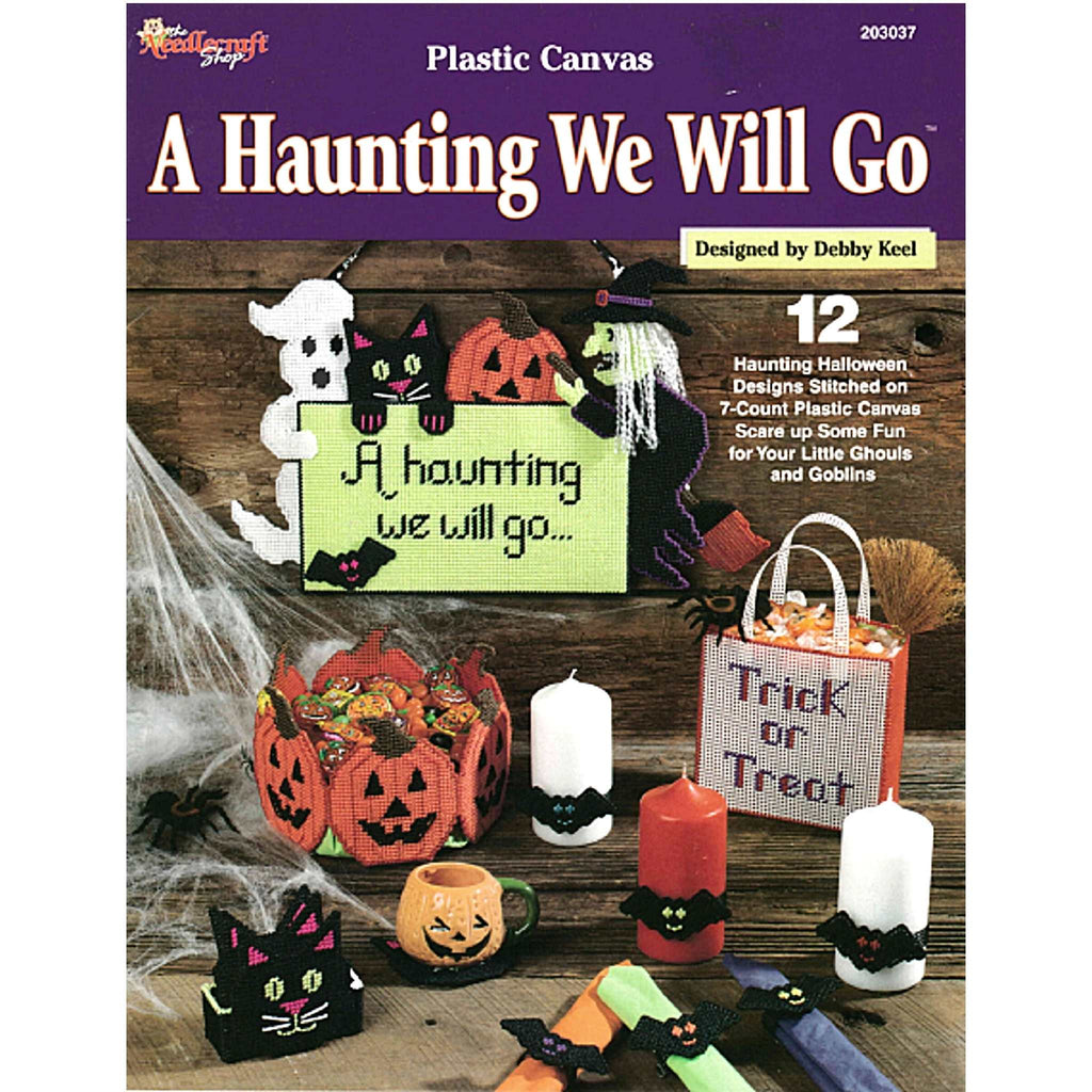 Vintage Halloween Plastic Canvas Pattern: A Haunting We Will Go. Patterns included for the plastic canvas Haunting We Will Go Wall Decor, Pumpkin Table Centerpiece Candy Dish, Trick or Treat Treat Tote Bag, Black Cat Coasters, Bat Napkin Rings, and Bat Candle Rings.