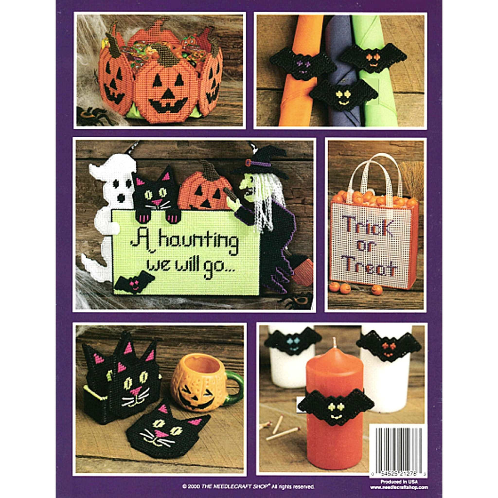 Vintage Halloween Plastic Canvas Pattern: A Haunting We Will Go. Patterns included for the plastic canvas Haunting We Will Go Wall Decor, Pumpkin Table Centerpiece Candy Dish, Trick or Treat Treat Tote Bag, Black Cat Coasters, Bat Napkin Rings, and Bat Candle Rings.