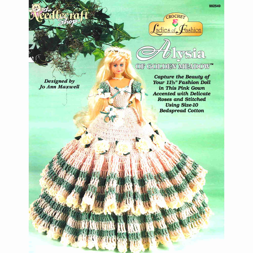 Vintage Ladies of Fashion Thread Crochet Pattern: Alysia of Golden Meadow. Capture the beauty of your 11-½" fashion doll in this pink gown accented with delicate roses and stitched using size-10 bedspread cotton. 