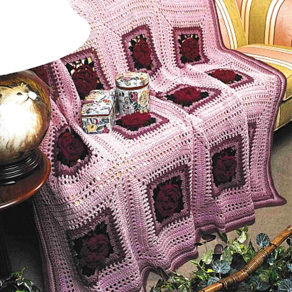 Vintage Crochet Afghan Pattern: Annie's Rose.  Pretty floral afghan crocheted using worsted-weight yarn.  70" x 85.5"
