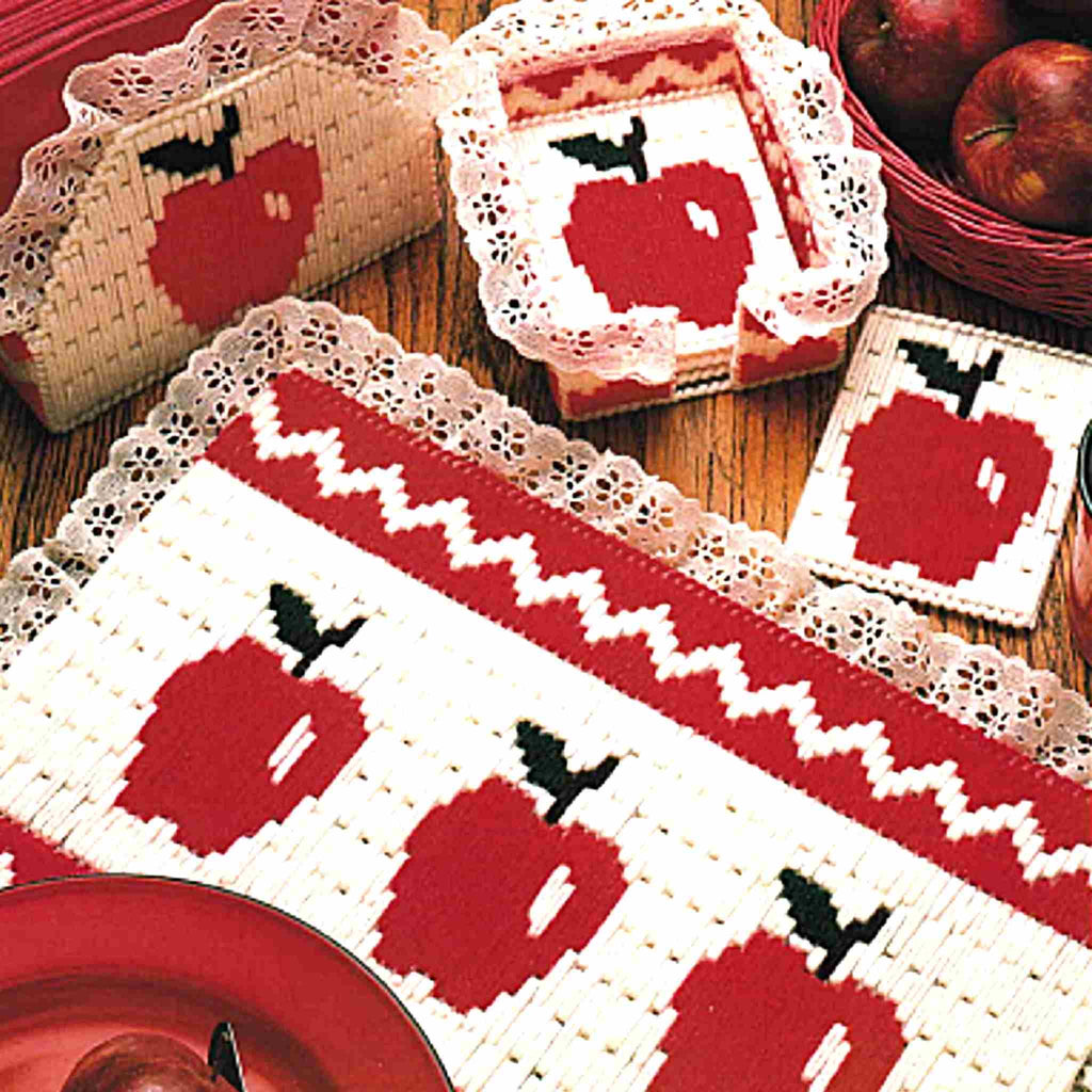Apple Kitchen Set Plastic Canvas Coasters, Placemat, and Napkin Holder Pattern