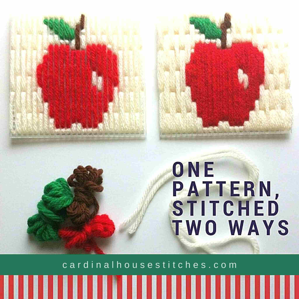 Apple Kitchen Set Plastic Canvas Pattern stitched with one thread vs two strands of yarn