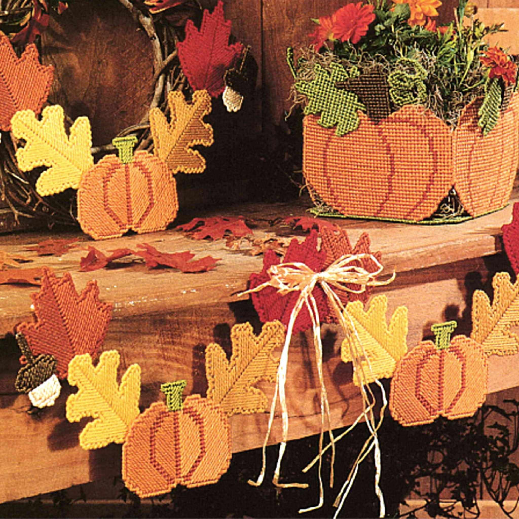 Vintage Plastic Canvas Pattern: Autumn Decor. Patterns for Pumpkin Box, Swag Garland, and Wreath using 7-count plastic canvas.