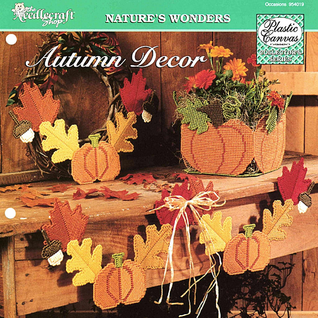 Vintage Plastic Canvas Pattern: Autumn Decor. Patterns for Pumpkin Box, Swag Garland, and Wreath using 7-count plastic canvas.