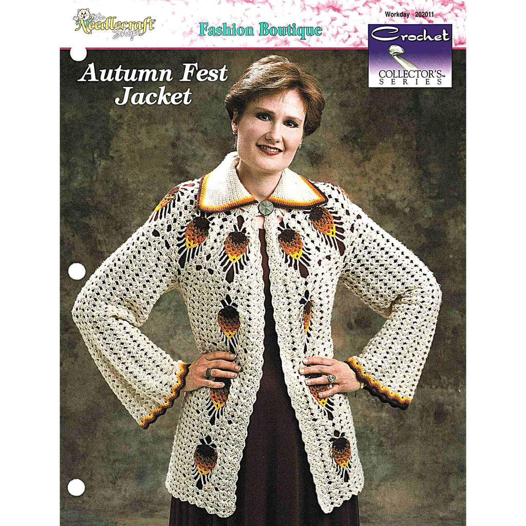 Vintage Crochet Pattern Leaflet: Autumn Fest Jacket. Made using sport-weight yarn.
