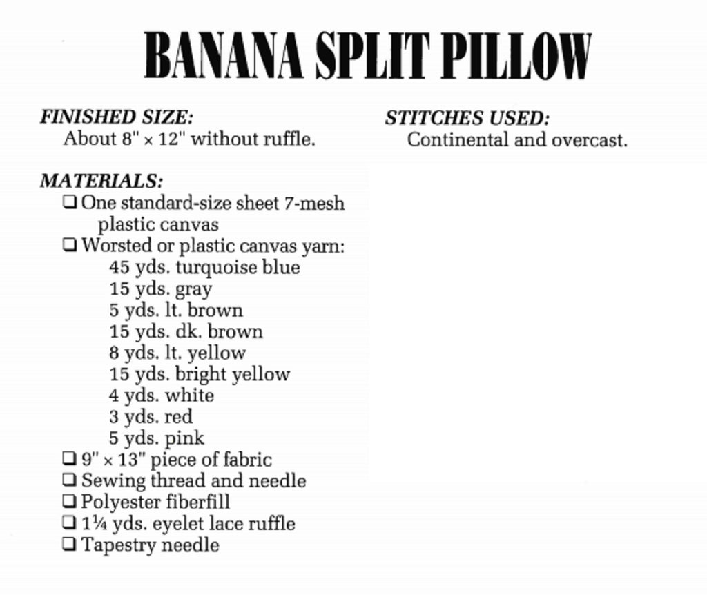 Banana Split Pillow Charted Needlepoint Plastic Canvas Pattern