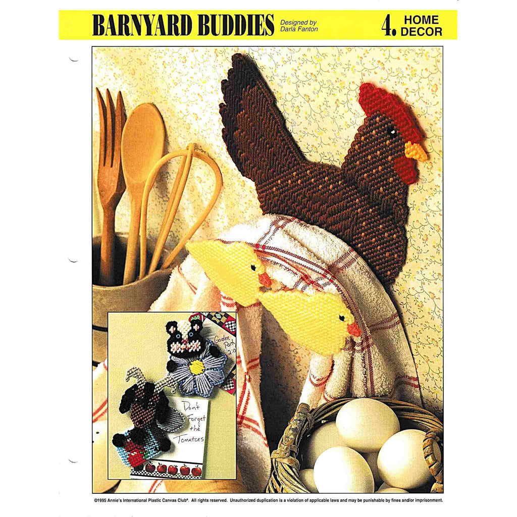 Vintage Plastic Canvas Pattern: Barnyard Buddies. Charts included for ﻿Hen & Chicks Towel Holder, Goat & Tin Can Magnet, ﻿and ﻿Skunk & Flower Magnet.