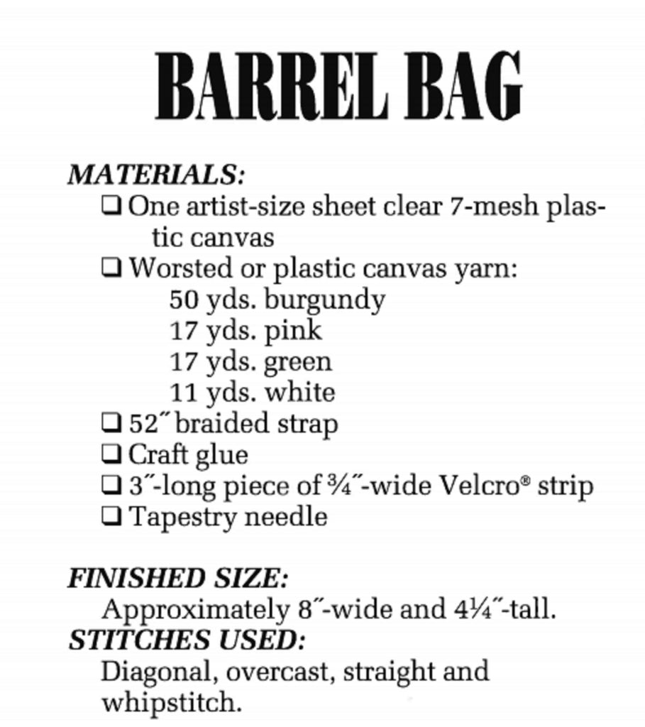Bargello Barrel Bag Needlepoint Purse Plastic Canvas Pattern supplies list
