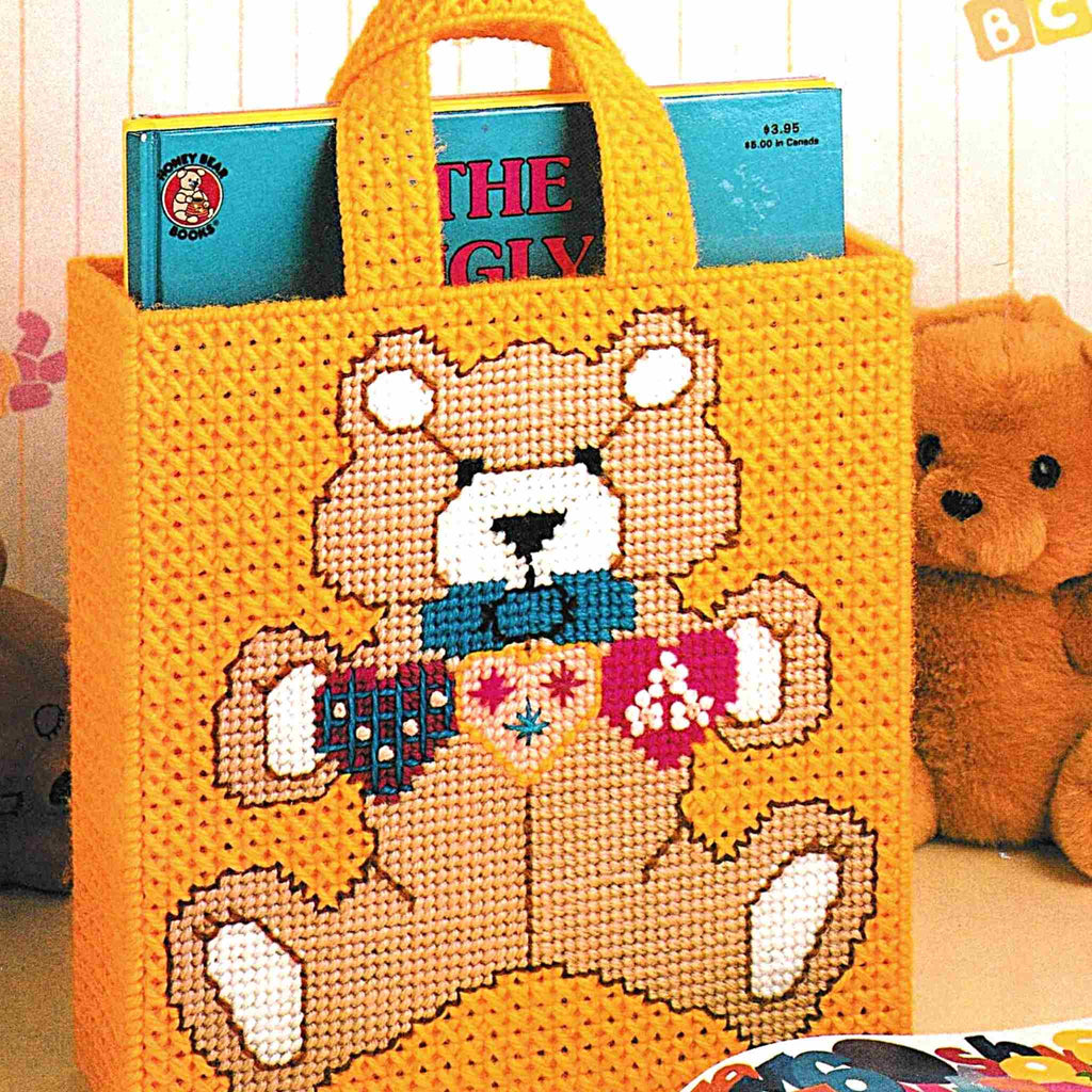 Vintage Plastic Canvas Pattern: Bear Tote Bag. Basic materials you'll need: 7-count plastic canvas, yarn, and tapestry needle.