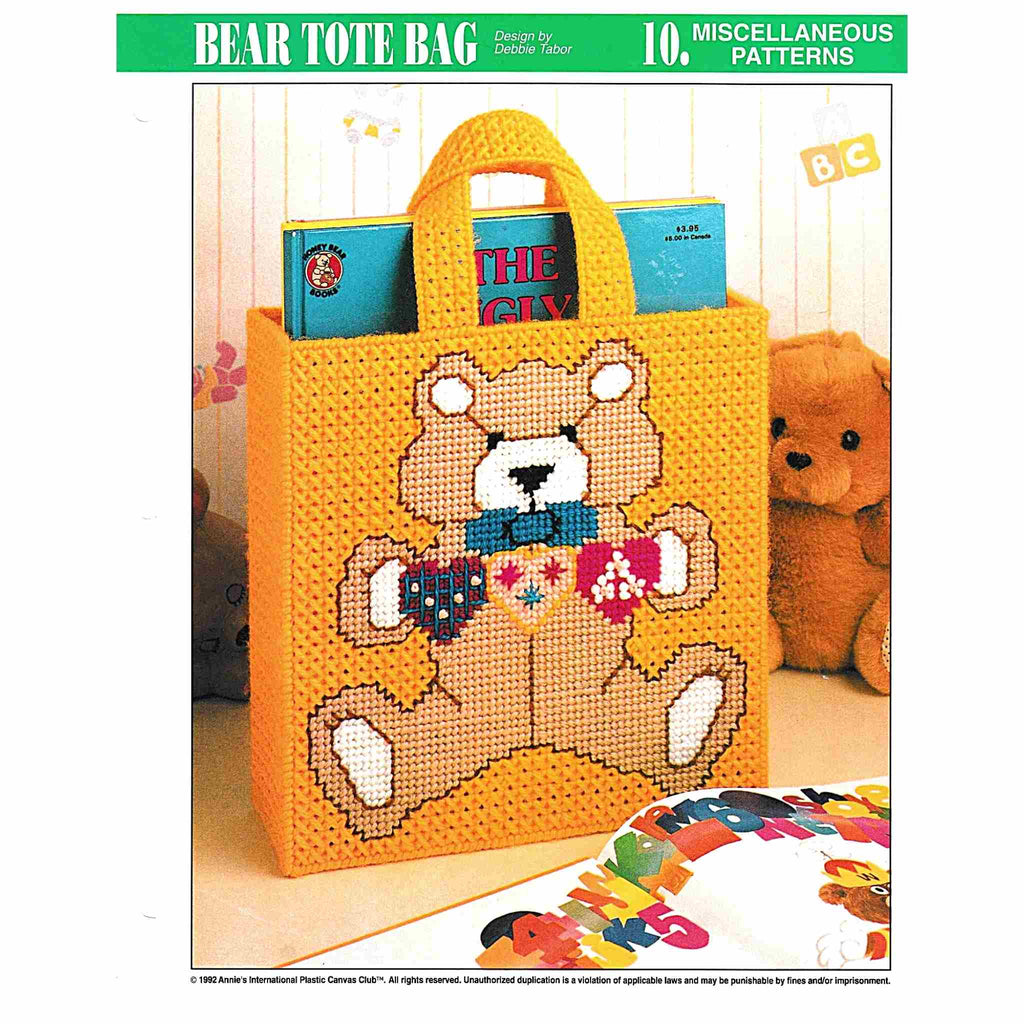 Vintage Plastic Canvas Pattern: Bear Tote Bag. Basic materials you'll need: 7-count plastic canvas, yarn, and tapestry needle.