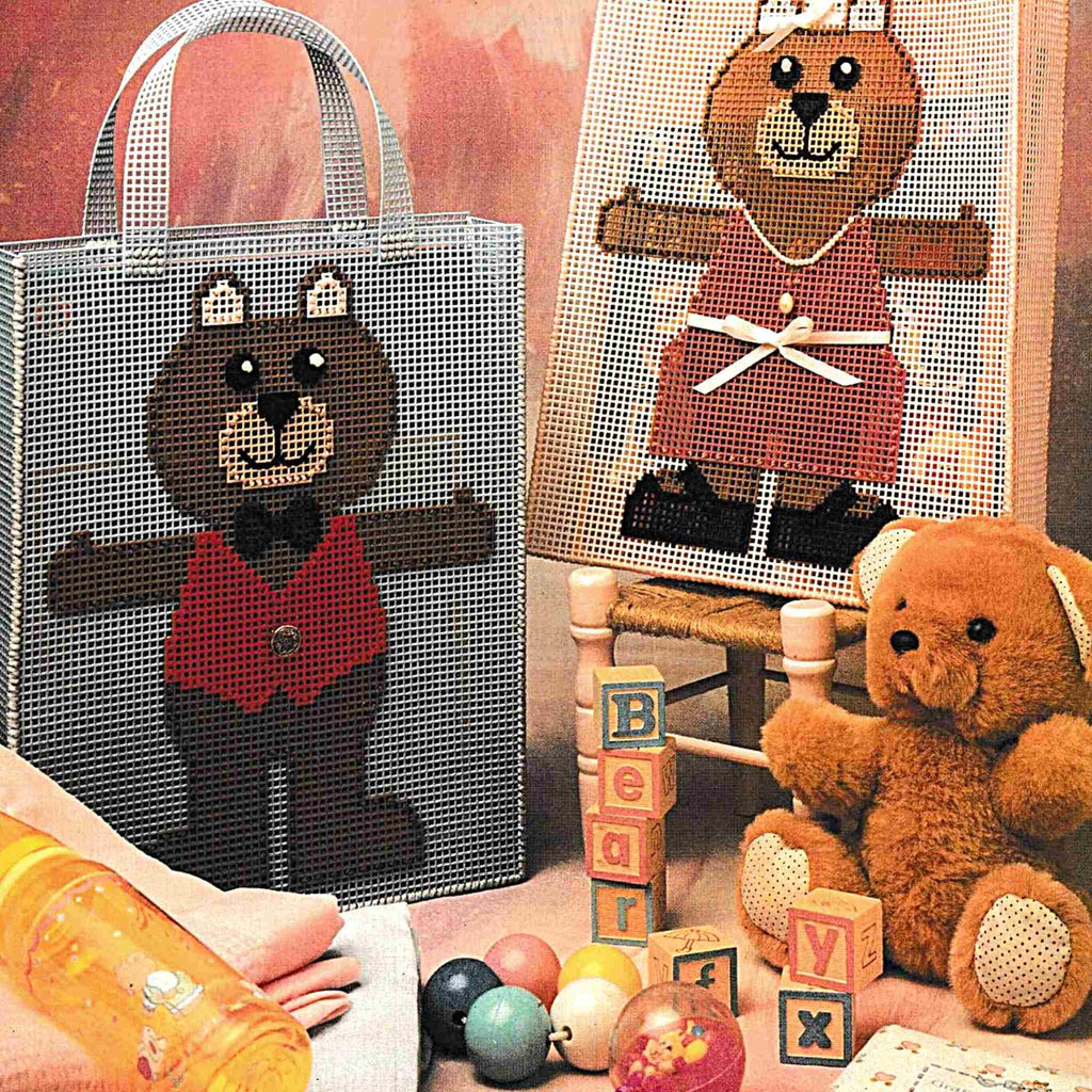 Vintage Plastic Canvas Pattern: Bear Tote Bags. Basic materials you'll need: 7-count plastic canvas, yarn, tapestry needle. 