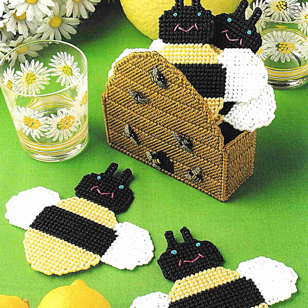 Vintage Plastic Canvas Pattern: Bee Coaster Set. Basic materials you'll need are 7-count plastic canvas sheets, worsted-weight yarn, and tapestry needle. 