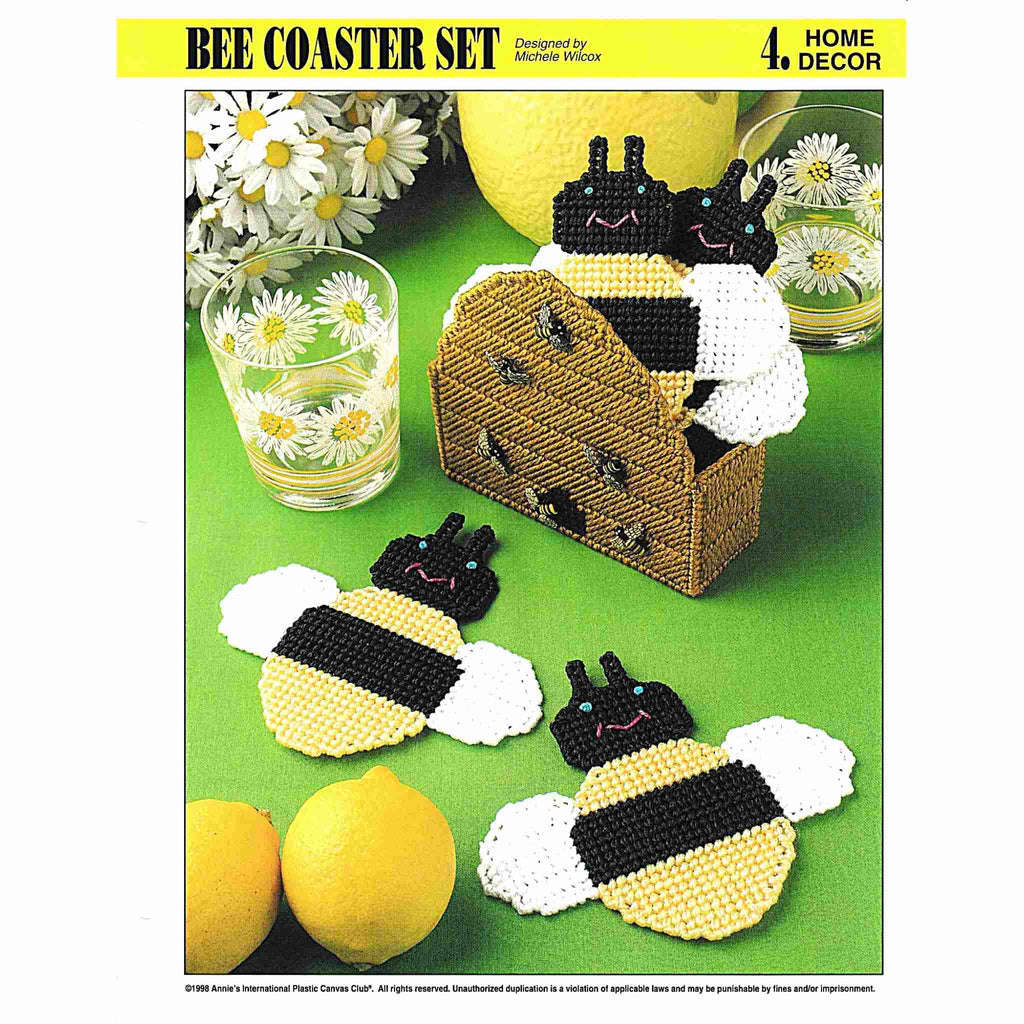 Vintage Plastic Canvas Pattern: Bee Coaster Set. Basic materials you'll need are 7-count plastic canvas sheets, worsted-weight yarn, and tapestry needle. 