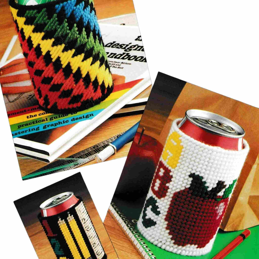 Vintage Plastic Canvas Pattern: Beverage Can Covers. Charts included for 'neon' geometric and teachers can cover. Basic materials you'll need are 7-count plastic canvas and #4 medium-weight (worsted) yarn.