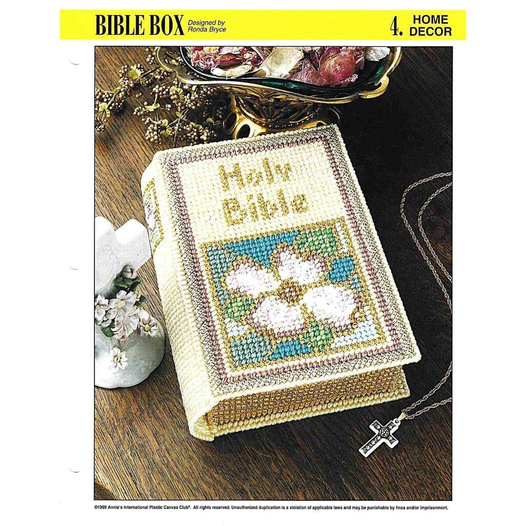 Vintage Plastic Canvas Pattern: Bible Box. Basic materials you'll need are 7-count plastic canvas, worsted/ #4 medium-weight yarn, and tapestry needle. 