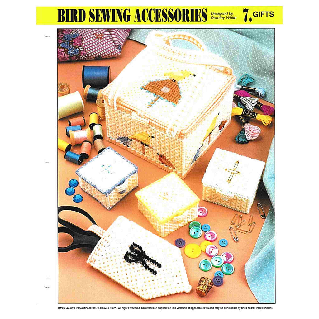 Vintage Plastic Canvas Pattern: Bird Sewing Accessories. Charts included for sewing box, scissors case, safety pin box, button, and bead box. Basic materials you'll need are 7-count plastic canvas and worsted/ #4 medium-weight yarn. 