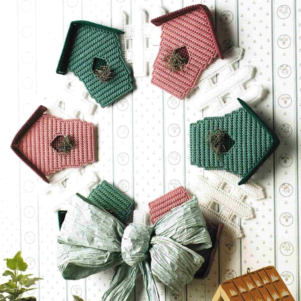 Vintage Plastic Canvas Pattern: Birdhouse Wreath. Basic materials you'll need are 7-count plastic canvas sheets and worsted/ #4 medium-weight yarn. 
