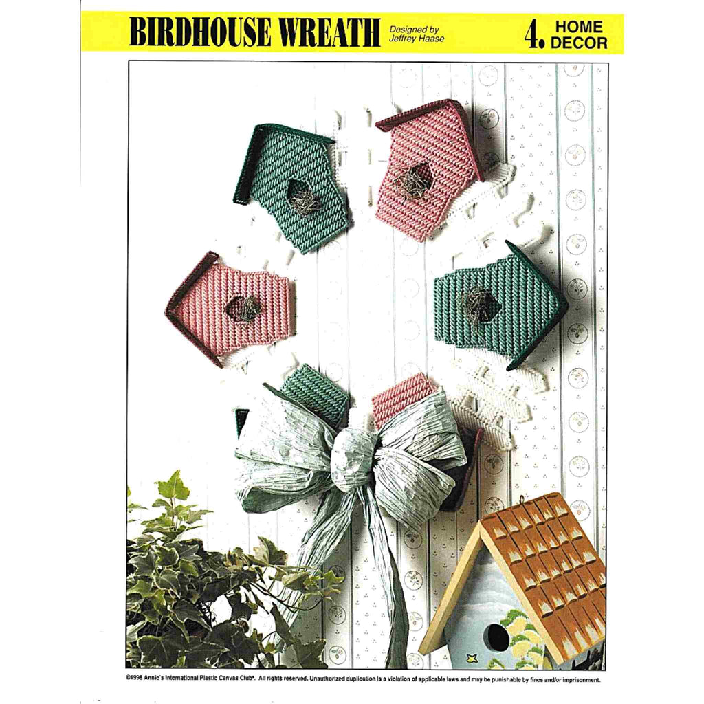 Vintage Plastic Canvas Pattern: Birdhouse Wreath. Basic materials you'll need are 7-count plastic canvas sheets and worsted/ #4 medium-weight yarn. 