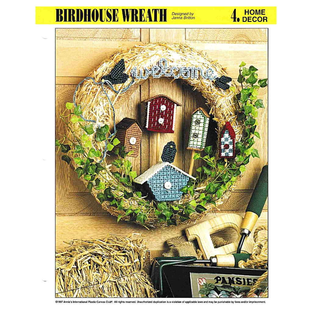 Vintage Plastic Canvas Pattern: Birdhouse Wreath. Basic materials you'll need are a straw wreath, 7-count plastic canvas sheets, and worsted/ #4 medium-weight yarn. 