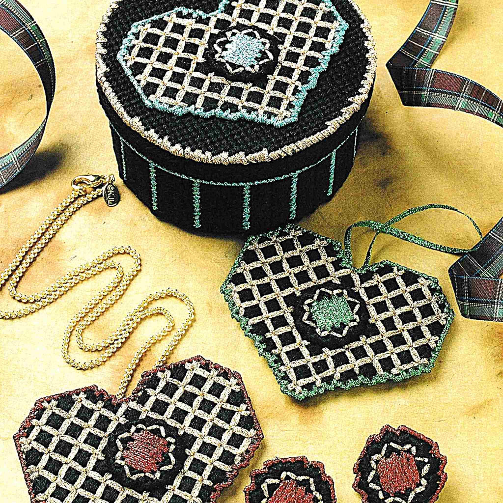 Vintage Plastic Canvas Pattern: Birthstone Set. Charts included for jewel-toned heart necklace pendant, earrings, ornament, and box. Basic materials you'll need are 10-mesh plastic canvas sheets and embroidery floss. 
