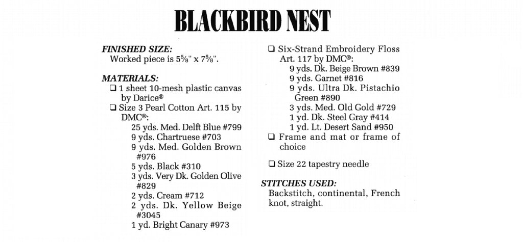 Vintage Plastic Canvas Pattern: Blackbird Nest. Basic materials you'll need are 10-count plastic canvas, size 3 pearl cotton, and embroidery floss. 