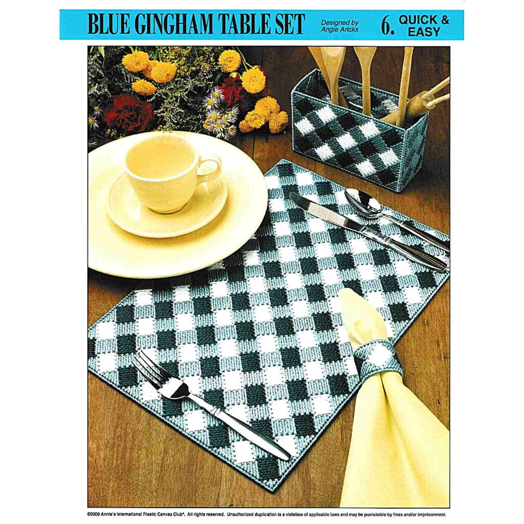 Vintage Plastic Canvas Pattern: Blue Gingham Table Set. Charts included for placemat, napkin ring, and utensil holder. Basic materials you'll need are various 7-count plastic canvas sheets and worsted/ #4 medium-weight yarn.