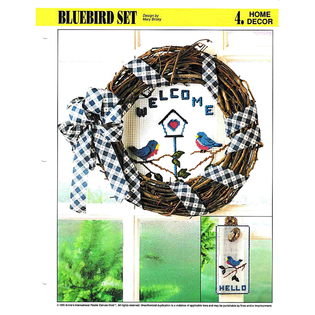 Vintage Plastic Canvas Pattern: Bluebird Set. Charts included for plastic canvas grapevine wreath and doorhanger. Basic materials you'll need are both 10-mesh + 7-mesh plastic canvas sheets and yarn. 