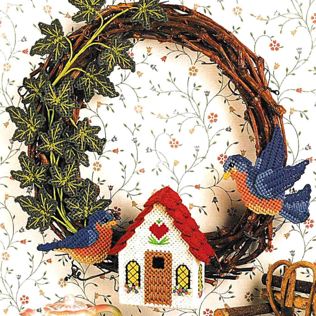 Vintage Plastic Canvas Pattern: Bluebirds At Home Wreath. Basic materials you'll beed are 7-count plastic canvas sheets and worsted/ #4 medium-weight yarn. 
