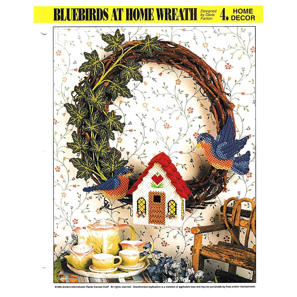 Vintage Plastic Canvas Pattern: Bluebirds At Home Wreath. Basic materials you'll beed are 7-count plastic canvas sheets and worsted/ #4 medium-weight yarn. 