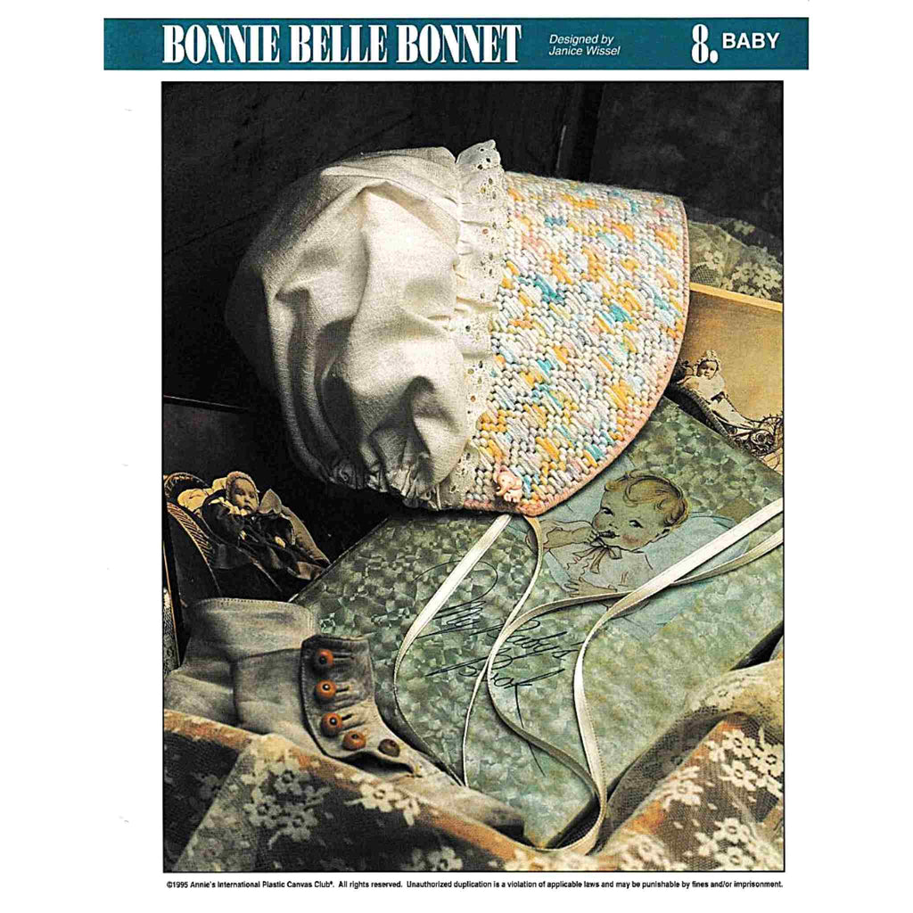 Vintage Plastic Canvas Pattern: Bonnie Belle Bonnet. Basic materials you'll need are 7-mesh plastic canvas, worsted/ #4 medium-weight yarn, and fabric. 