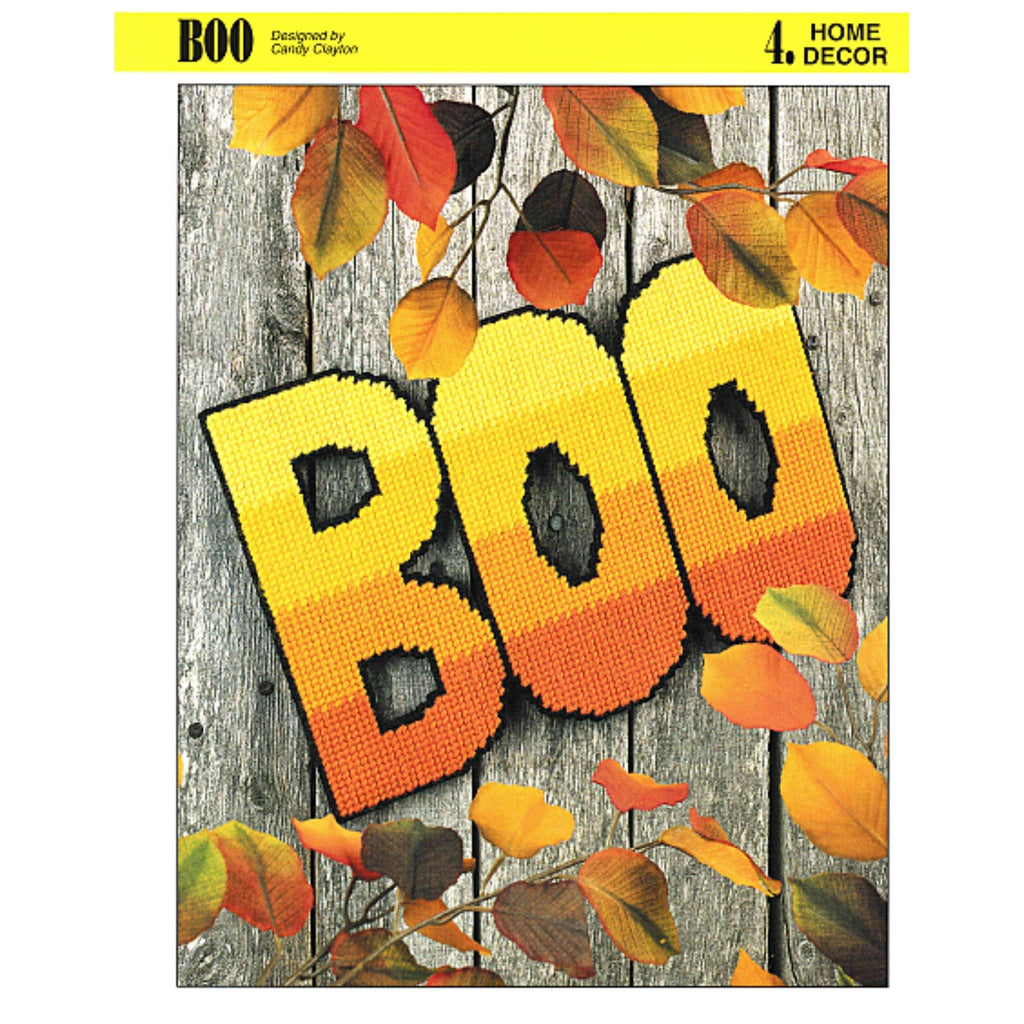Vintage Halloween Plastic Canvas Pattern: Boo Halloween Sign / Wall Decor. Basic materials you'll need are 7-mesh plastic canvas sheets and worsted/ #4 medium-weight yarn. See image for all recommended materials.