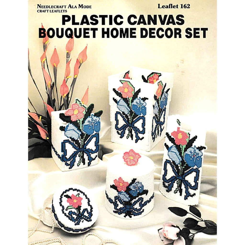 Vintage Plastic Canvas Pattern Book: Bouquet Home Decor Set.  Charts included for tissue box cover, small box, toilet tissue cover, doorknob cover, and litter basket. 