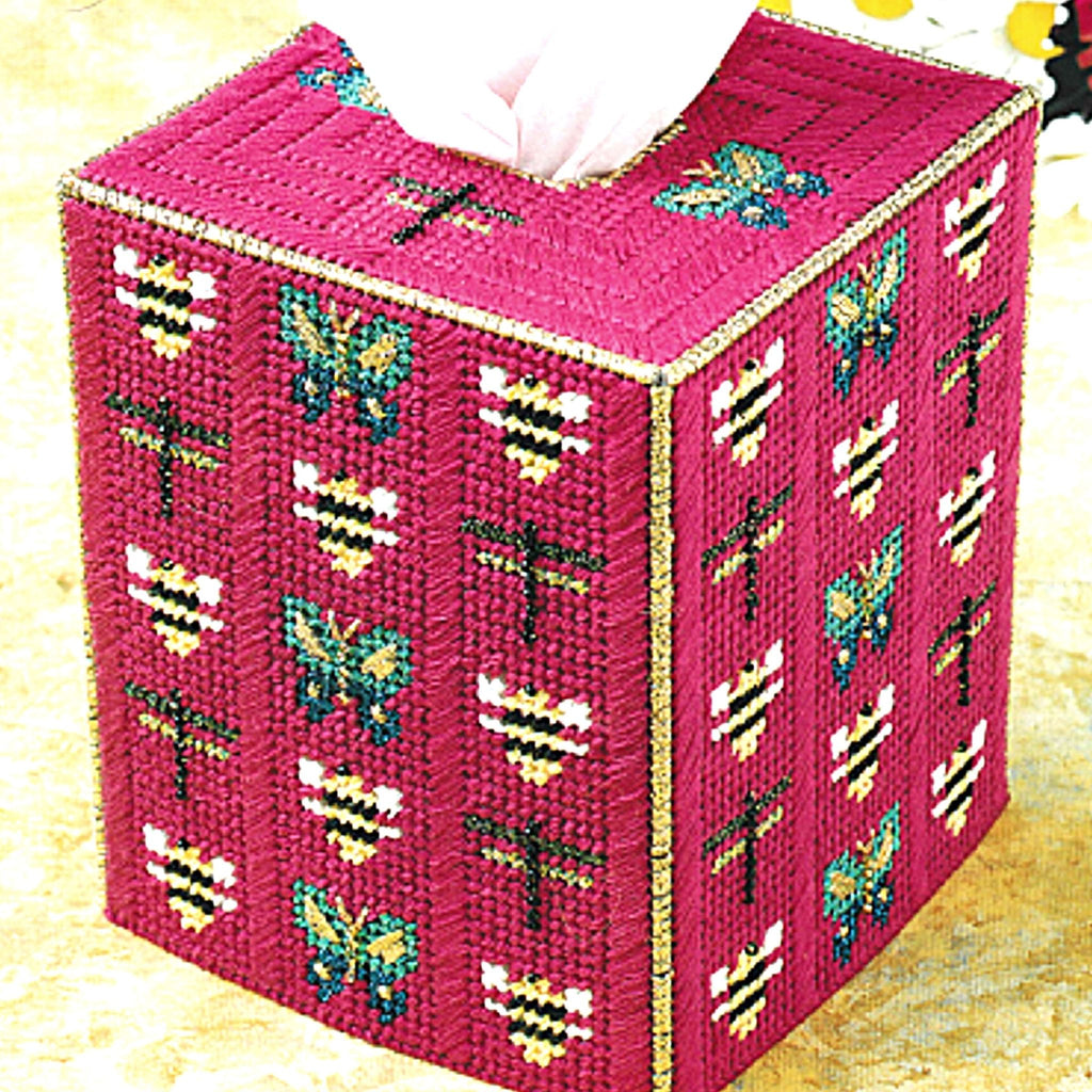 Vintage Plastic Canvas Tissue Box Pattern: Bug Tissue Cover. This boutique tissue box cover is certainly a classic with bees, butterflies, and dragonflies. Instructions for tissue box cover made using embroidery floss and 10-mesh plastic canvas.