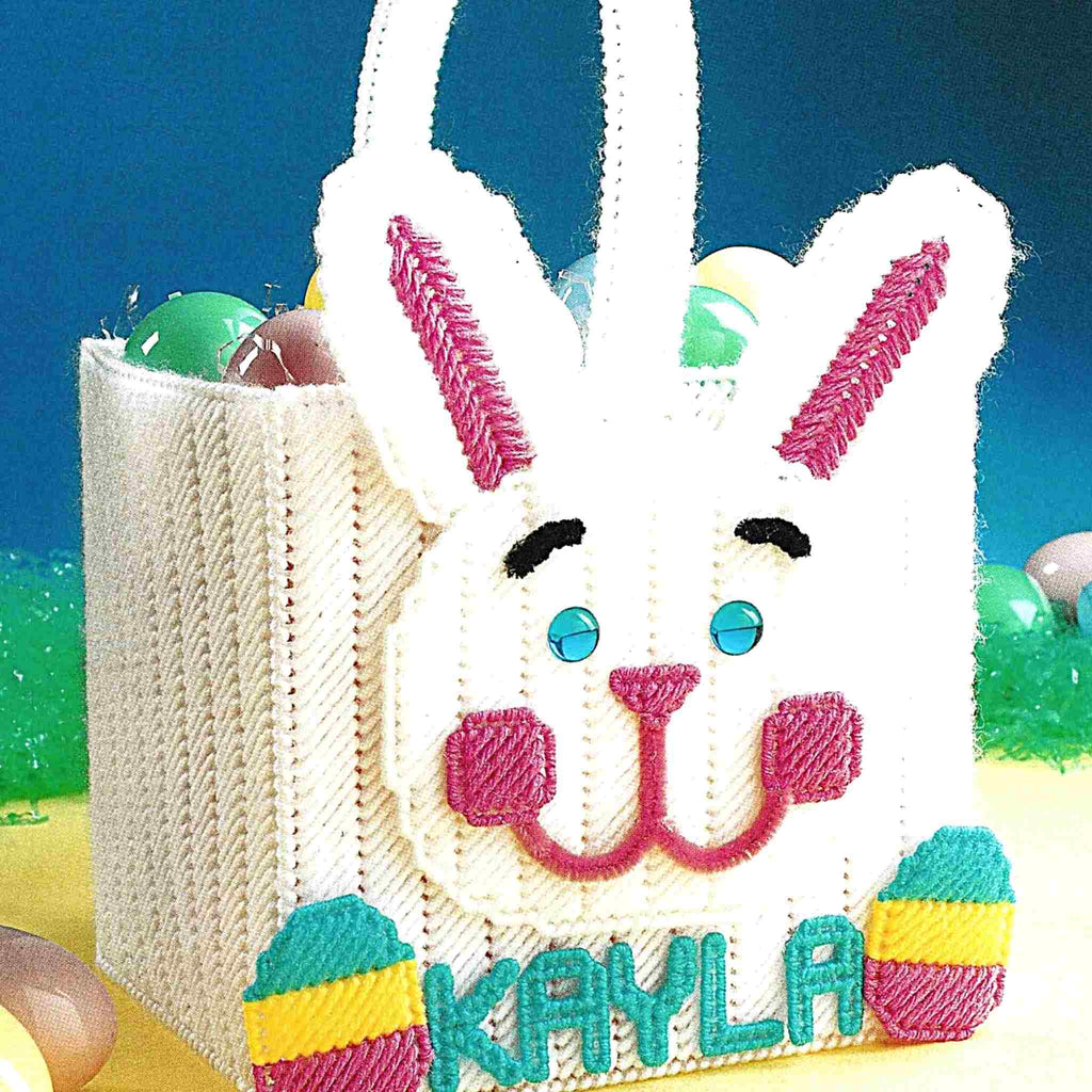 Vintage Easter Plastic Canvas Pattern: Bunny Basket. Basic materials you'll need are 7-count plastic canvas sheets and worsted/ #4 medium-weight yarn.