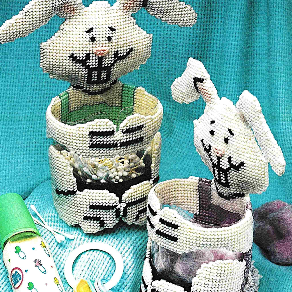 Vintage Plastic Canvas Pattern: Bunny Baskets. These bunny baskets would be cute for Easter or in a baby nursery! Basic materials you'll need are 7-count plastic canvas sheets and worsted/ #4 medium-weight yarn. 