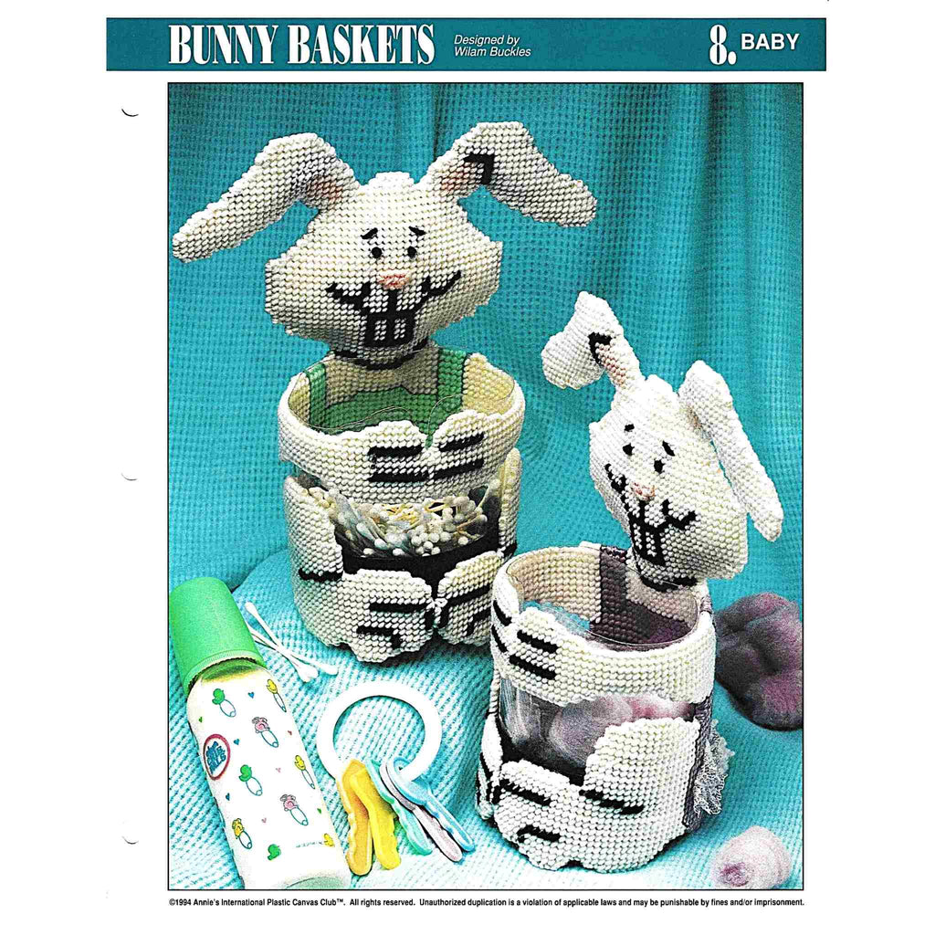 Vintage Plastic Canvas Pattern: Bunny Baskets. These bunny baskets would be cute for Easter or in a baby nursery! Basic materials you'll need are 7-count plastic canvas sheets and worsted/ #4 medium-weight yarn. 
