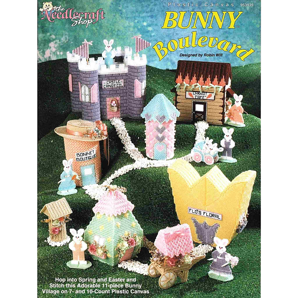 Vintage Easter Plastic Canvas Pattern: Bunny Boulevard.  Hop into Spring and Easter with this adorable 11-piece bunny village to be made using yarn, 7-count plastic canvas, and 10-count plastic canvas. cover