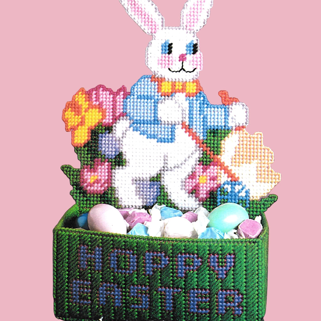 Vintage Easter Plastic Canvas Needlecraft Pattern: Bunny Candy Dish.  Sweet Easter candy dish with bunny made using worsted-weight yarn and 7-count plastic canvas.