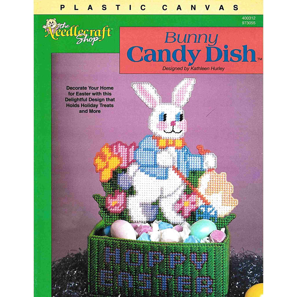 Vintage Easter Plastic Canvas Needlecraft Pattern: Bunny Candy Dish.  Sweet Easter candy dish with bunny made using worsted-weight yarn and 7-count plastic canvas. cover