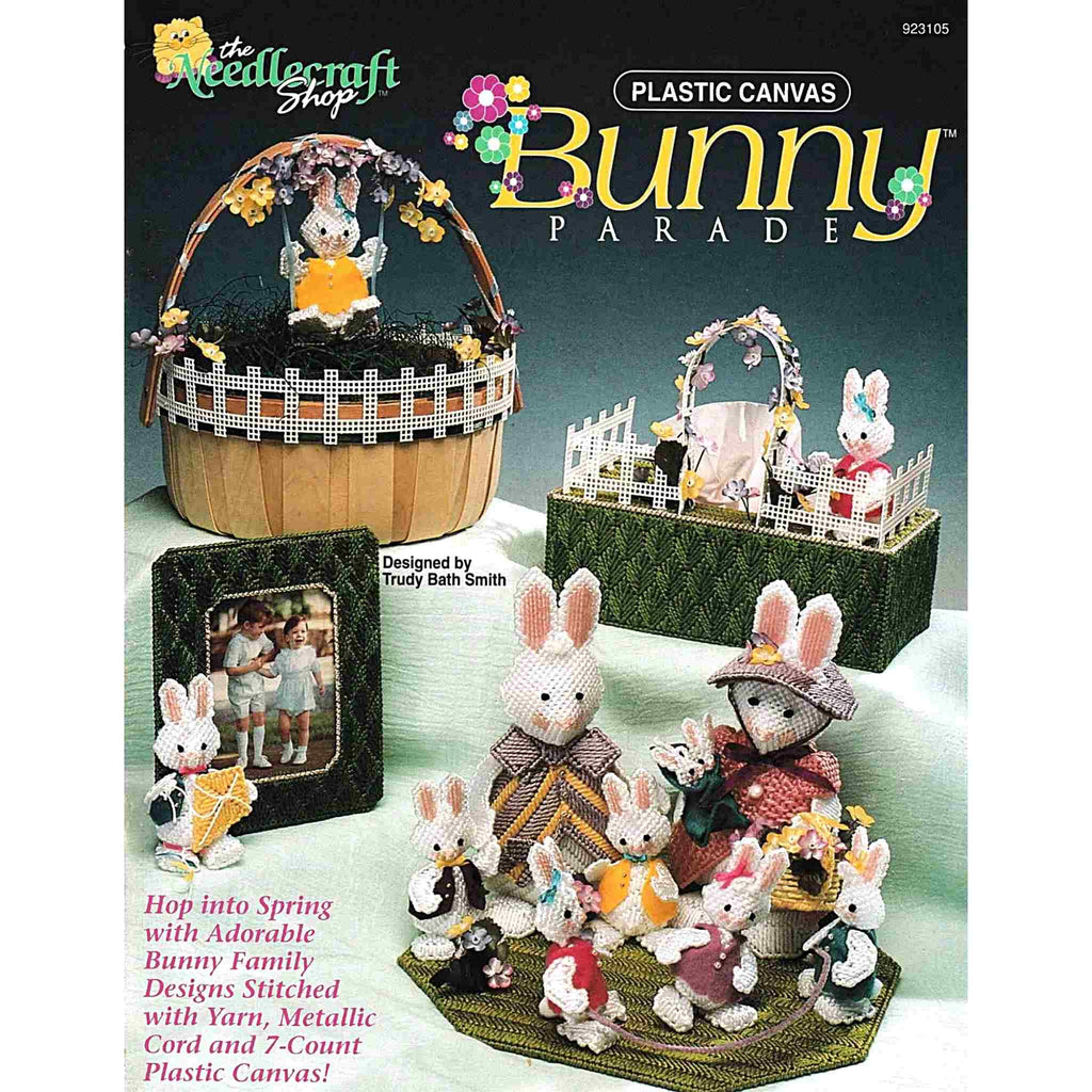 Vintage Easter Plastic Canvas Needlecraft Pattern: Bunny Parade.  Hop into Spring with adorable bunny family designs stitched with yarn, metallic cord, and 7-count plastic canvas. front cover