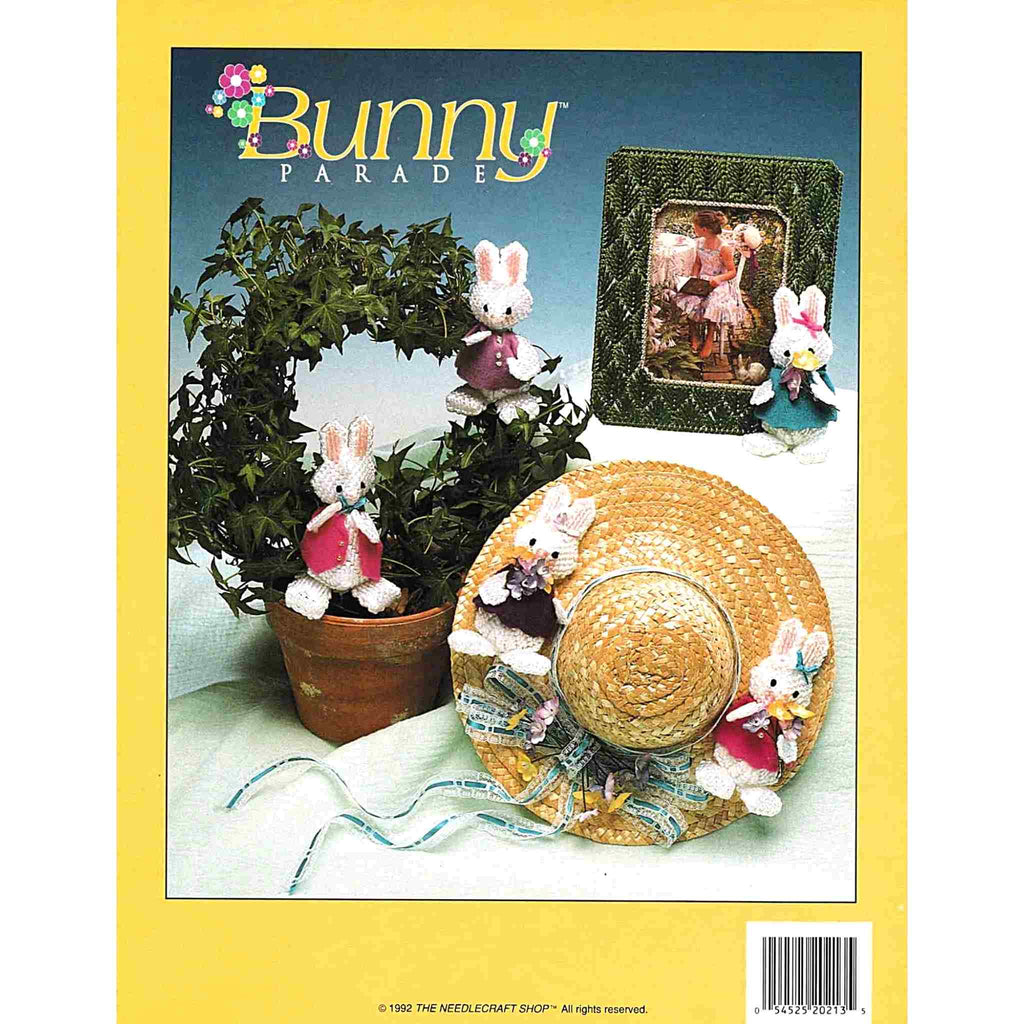 Vintage Easter Plastic Canvas Needlecraft Pattern: Bunny Parade.  Hop into Spring with adorable bunny family designs stitched with yarn, metallic cord, and 7-count plastic canvas. back cover