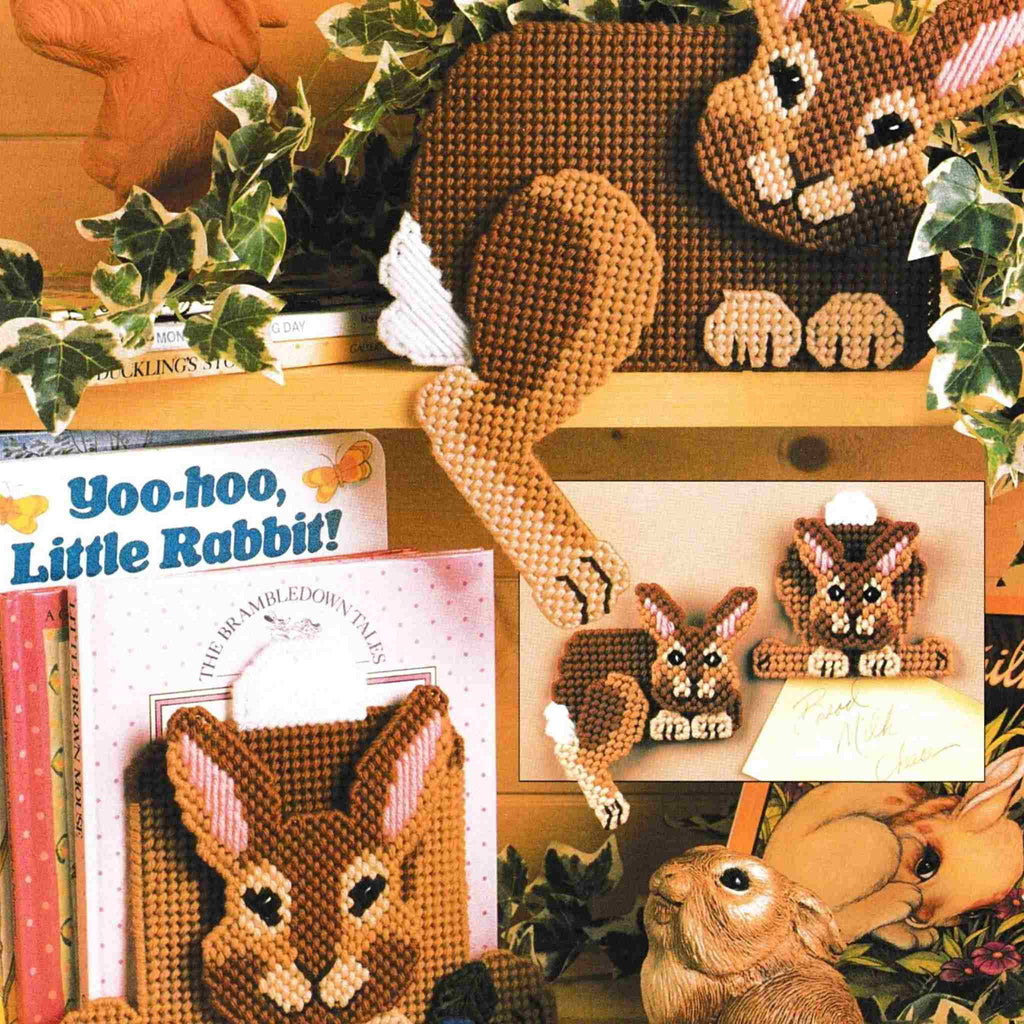 Vintage Plastic Canvas Pattern: Cottontail Bunny Set. Charts included for bunny bookends, shelf sitter, and magnets. Basic materials you'll need are 7-count plastic canvas sheets and worsted/ #4 medium-weight yarn.