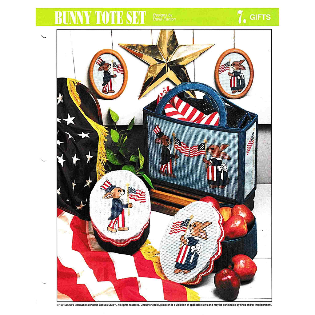 Vintage Plastic Canvas Pattern: Bunny Tote Set. Charts included for patriotic bunny tote, bandboxes, and wall art. 